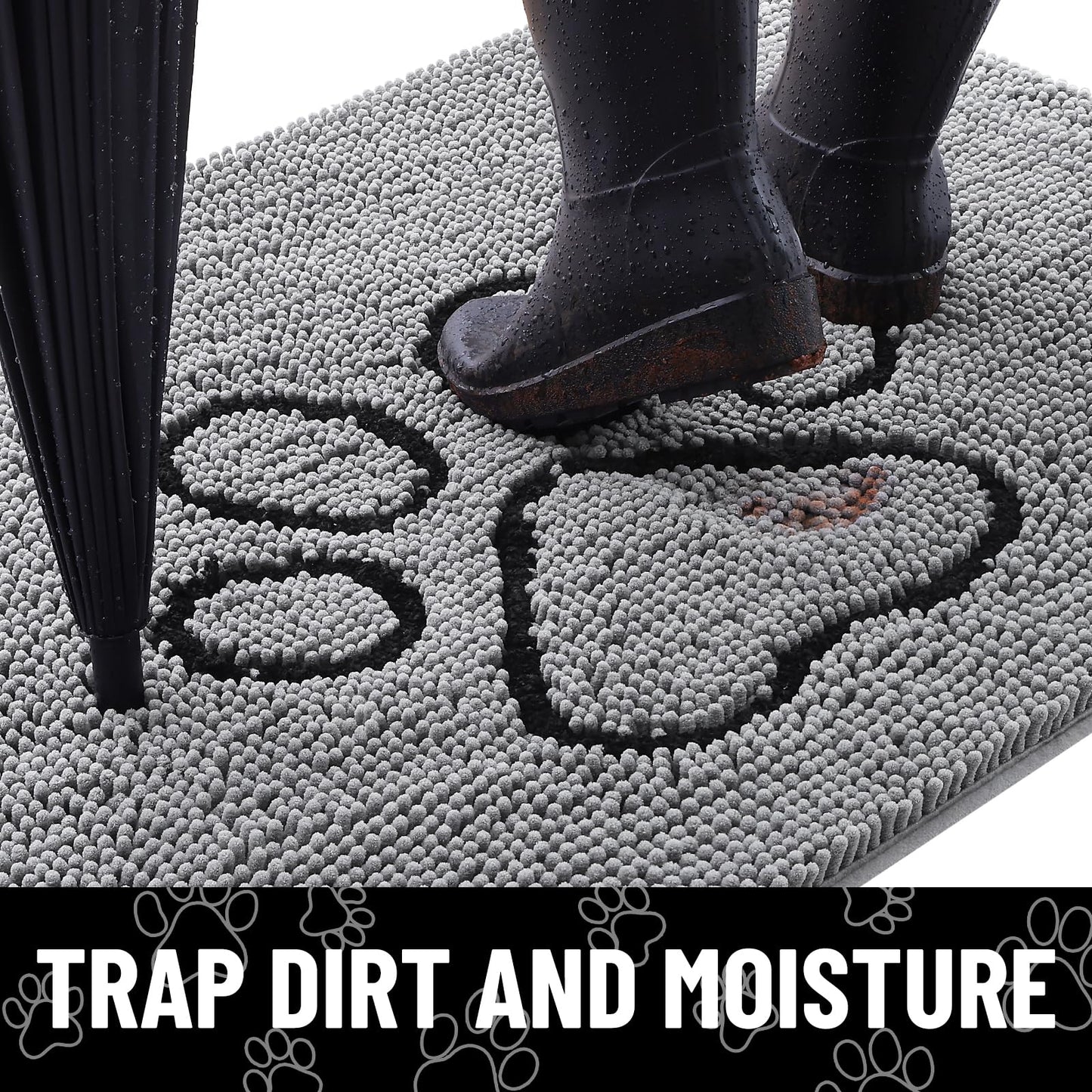 Smiry Dog Door Mat for Muddy Paws, Absorbent Dirt Trapper Non Slip Quick Dry Washable Chenille Mat for Mud Dogs, Entry Rug for Indoor and Outdoor (30x20 Inches, Grey and Black)