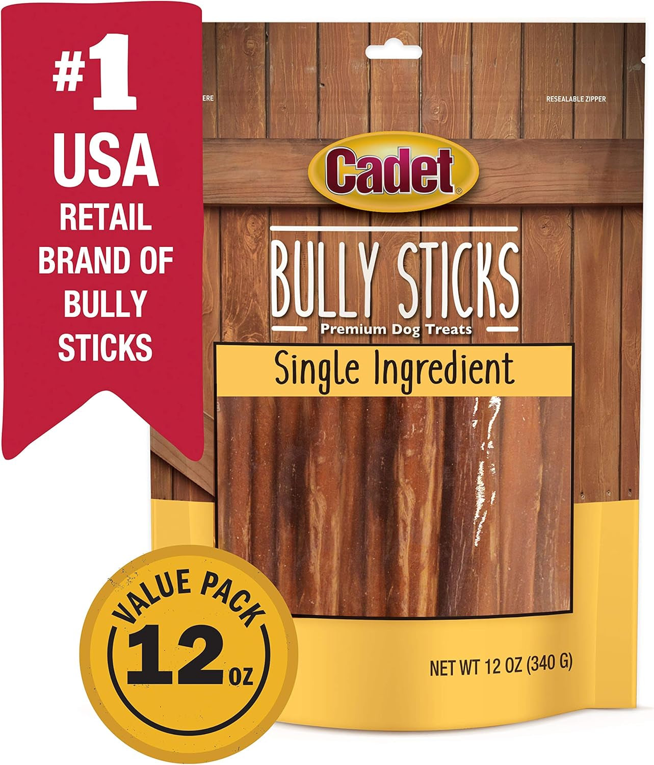 Cadet Bully Sticks for Small Dogs – All-Natural Beef Pizzle, High Protein, Low Fat, Long-Lasting, Grain & Rawhide-Free Dog Chews for Aggressive Chewers, Small (12 Ounce)