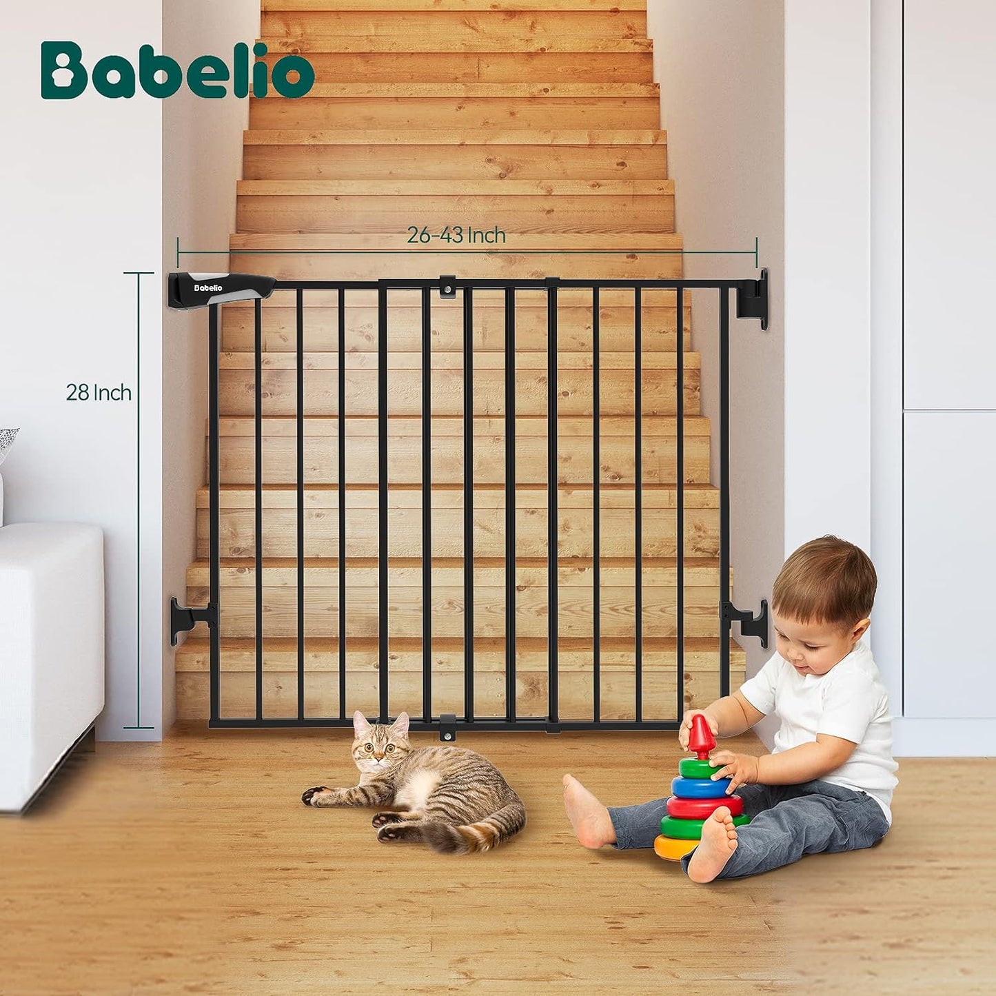 Babelio 26-43" No Bottom Bar Baby Gate for Babies, Elders and Pets, 2-In-1 Hardware Mount Dog Gate for the House, Stairs and Doorways, Safety Pet Gates with Large Walk Thru Door, Iron Black