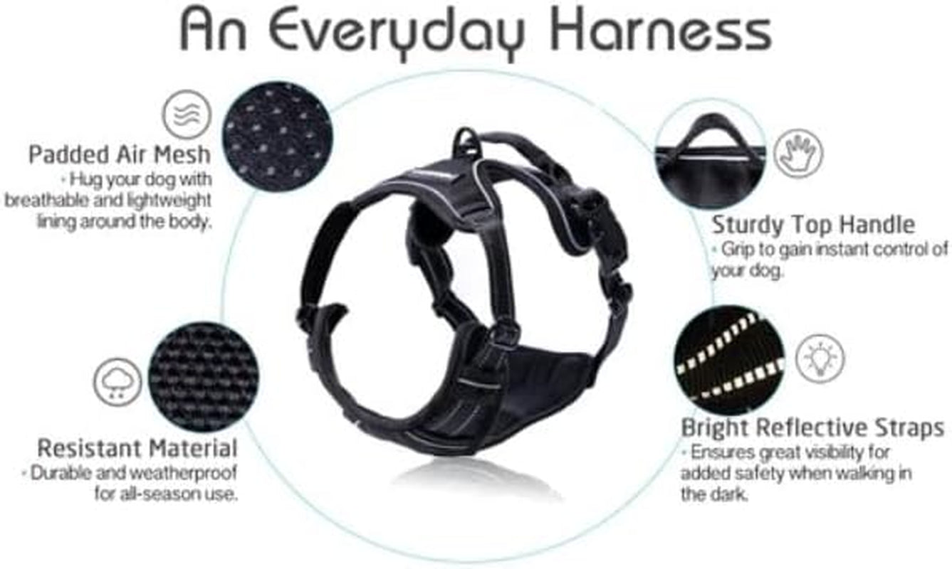 Rabbitgoo Dog Harness, No-Pull Pet Harness with 2 Leash Clips, Adjustable Soft Padded Dog Vest, Reflective No-Choke Pet Oxford Vest with Easy Control Handle for Large Dogs, Black, L