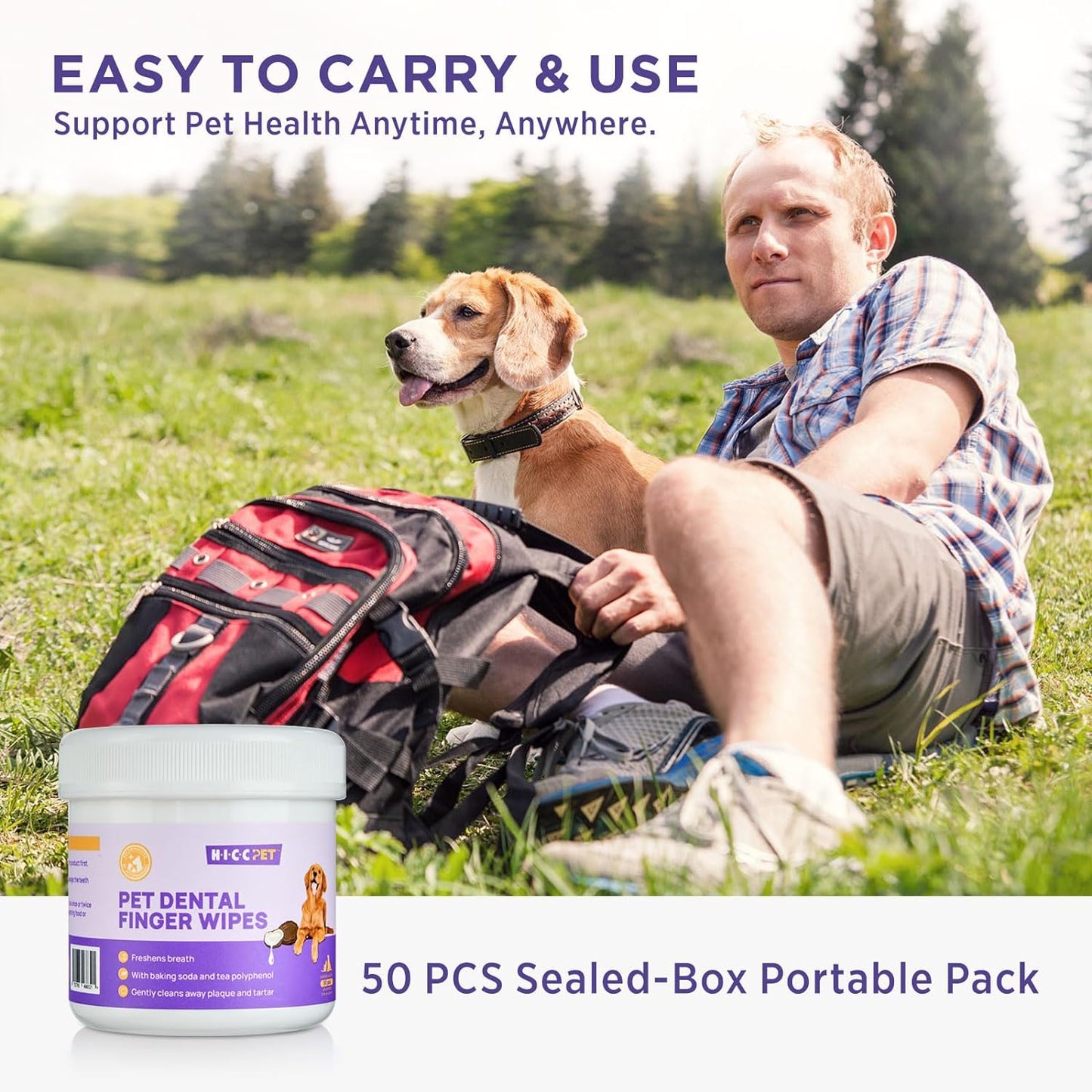 HICC PET Teeth Cleaning Wipes for Dogs & Cats, Remove Bad Breath by Removing Plaque and Tartar Buildup No-Rinse Dog Finger Toothbrush, Disposable Gentle Cleaning & Gum Care Pet Wipes, 50 Counts