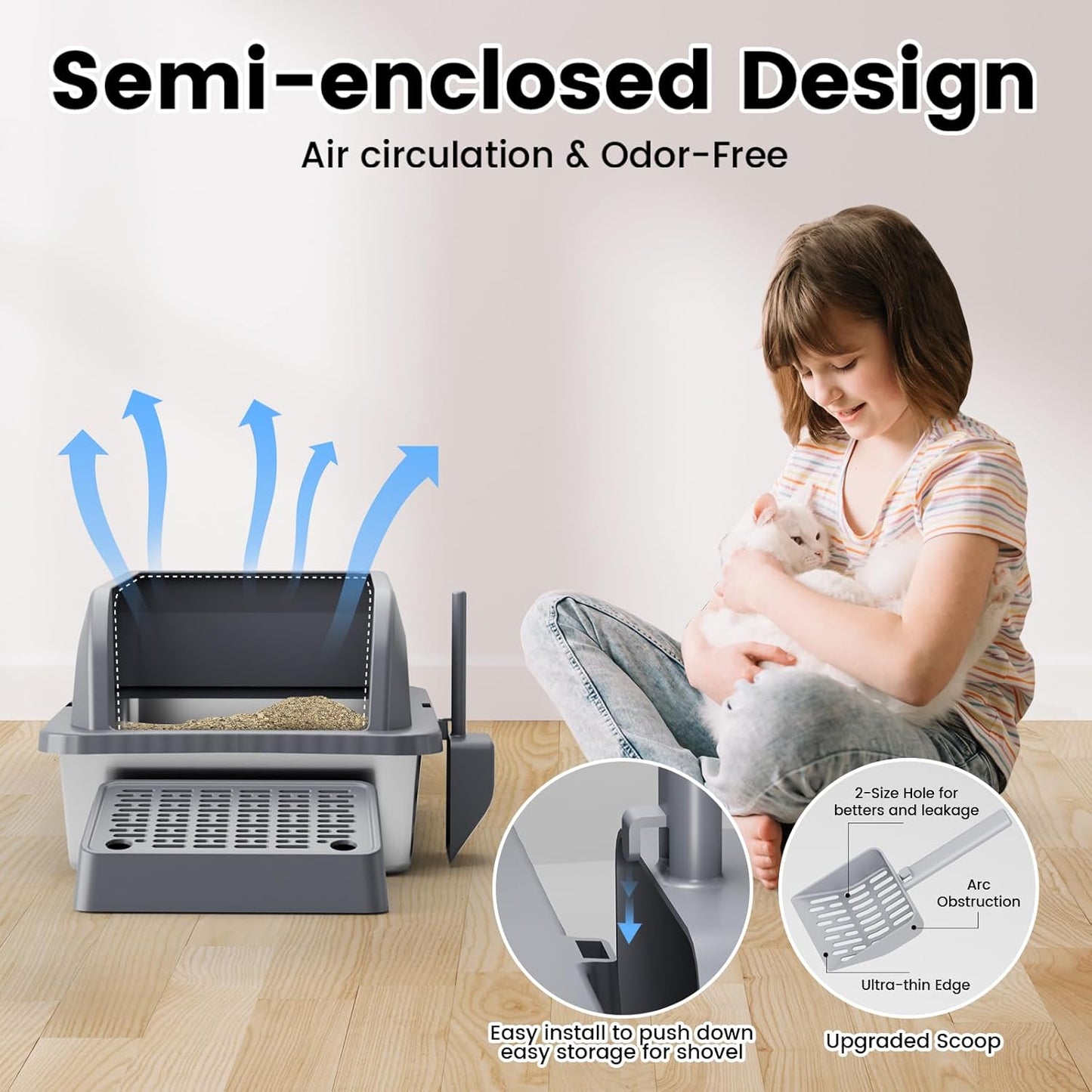 Stainless Steel Cat Litter Box, XL Extra Large Enclosure Litter Box with Lid for Small Big Cats, Double Pedal Filter Metal High Sided Litter Box with Scoop Mats, Non-Sticky Anti-Leakage Easy Cleaning