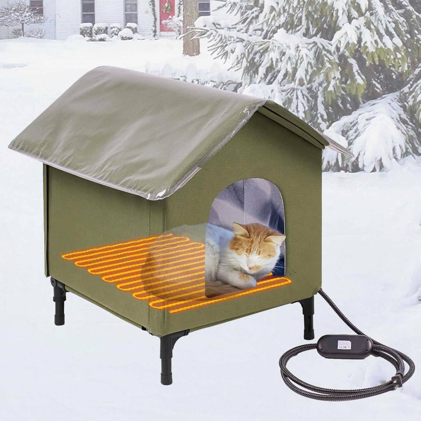 Large Heated Cat House for Outside, Insulated Weatherproof Outdoor Feral Cat House with Timer & Adjustable Temperature Heater Pad, Elevated Pet House with Escape Door for Winter, Barn, Porch