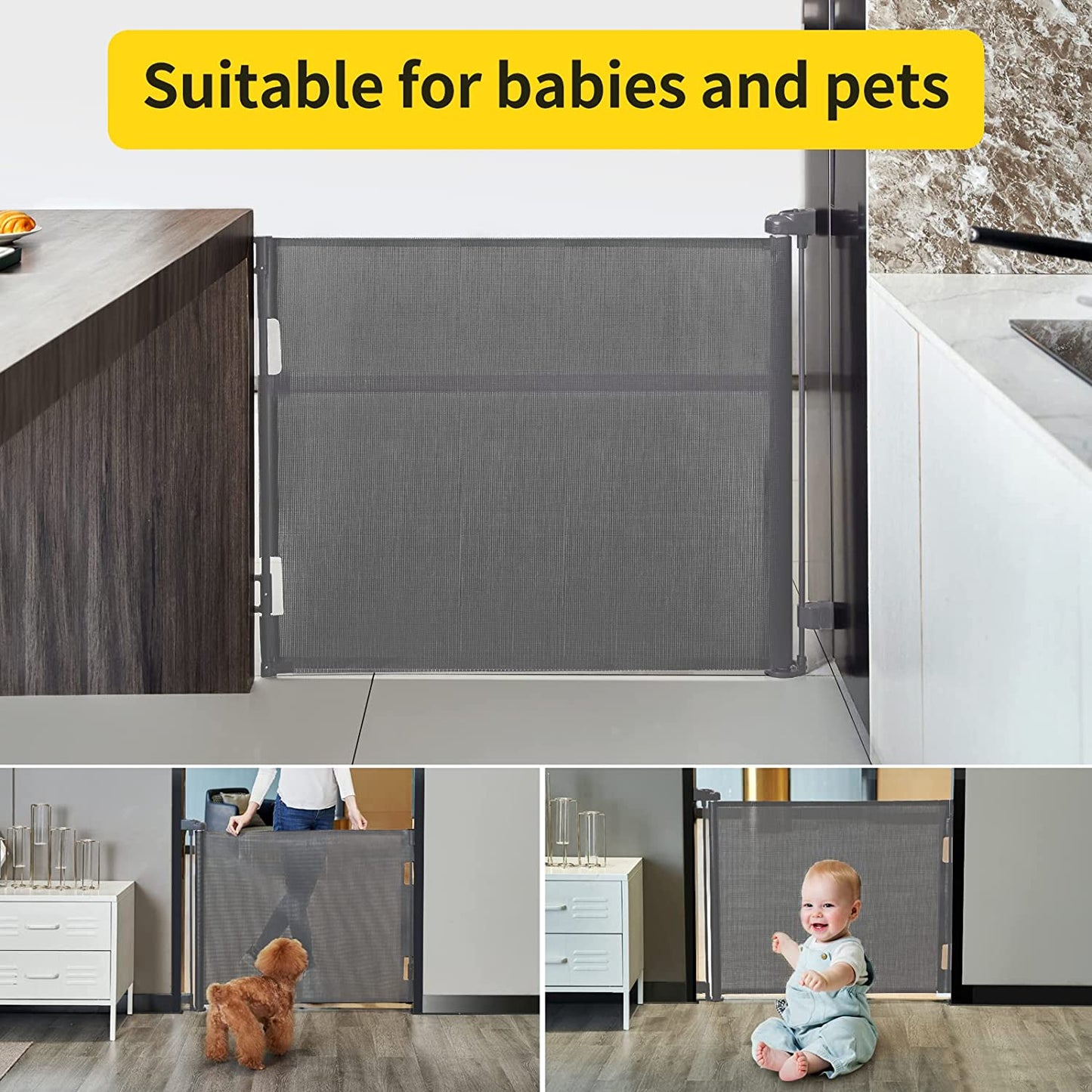 Dearlomum Retractable Baby Gate,Mesh Baby Gate or Mesh Dog Gate,33" Tall,Extends up to 55" Wide,Child Safety Gate for Doorways, Stairs, Hallways, Indoor/Outdoor(Black,33"X55"