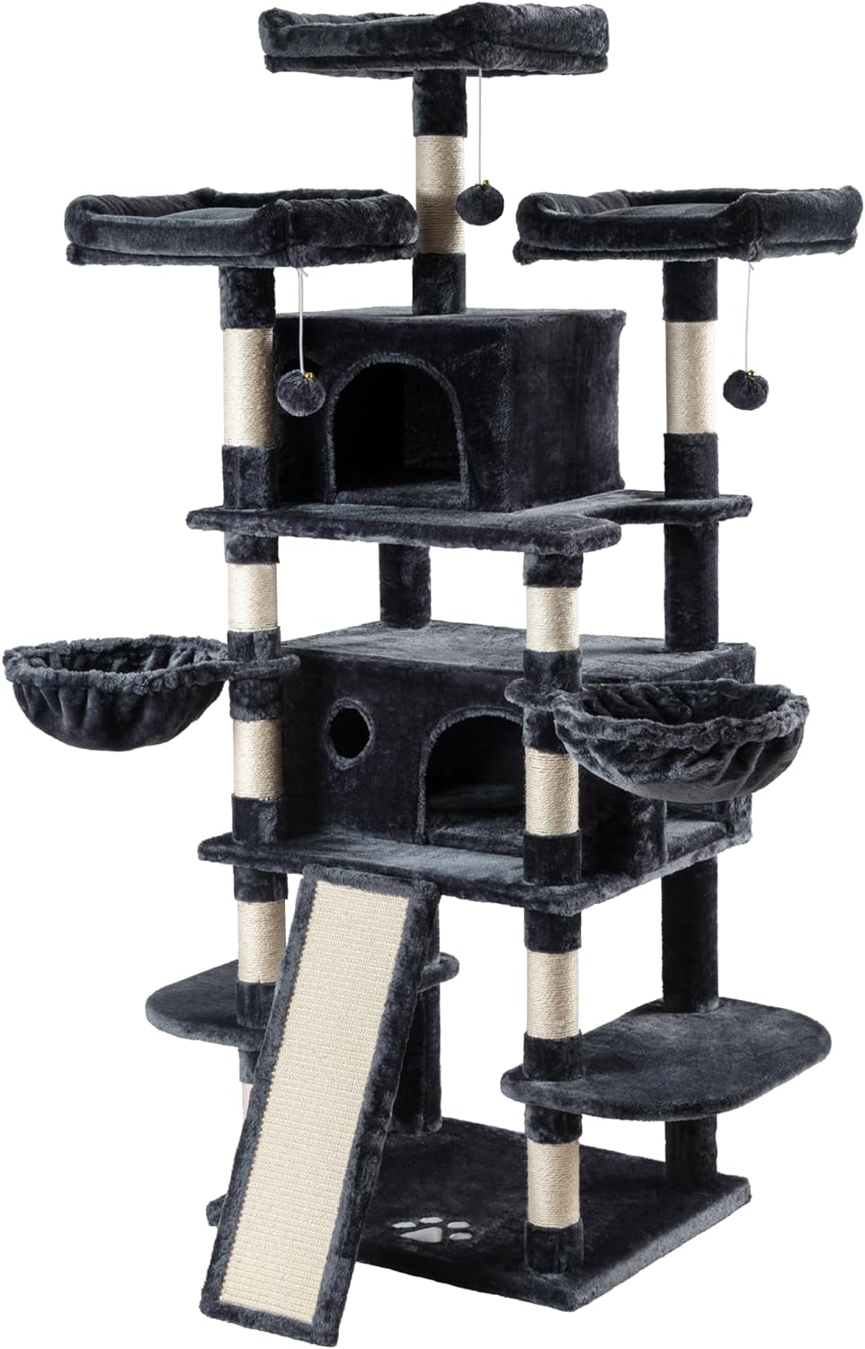 Allewie 68 Inches Cat Tree House with Condo, Scratching Post, and Multi-Level Towers for Cats - Smokey Grey