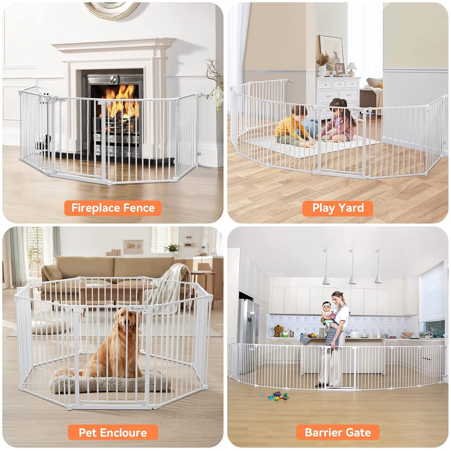 COMOMY 198" Baby Gate Extra Wide, Dog Gate Pet Gate for House Stairs Doorways Fireplace, 3 in 1 Play Yard Child Safety Gate, Auto Close, Hardware Mounted (30" Tall, Black)