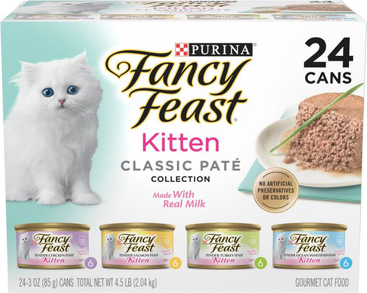 Purina Fancy Feast Tender Ocean Whitefish, Turkey, Chicken and Salmon Feasts Wet Kitten Food Variety Pack - (Pack of 24) 3 Oz. Boxes