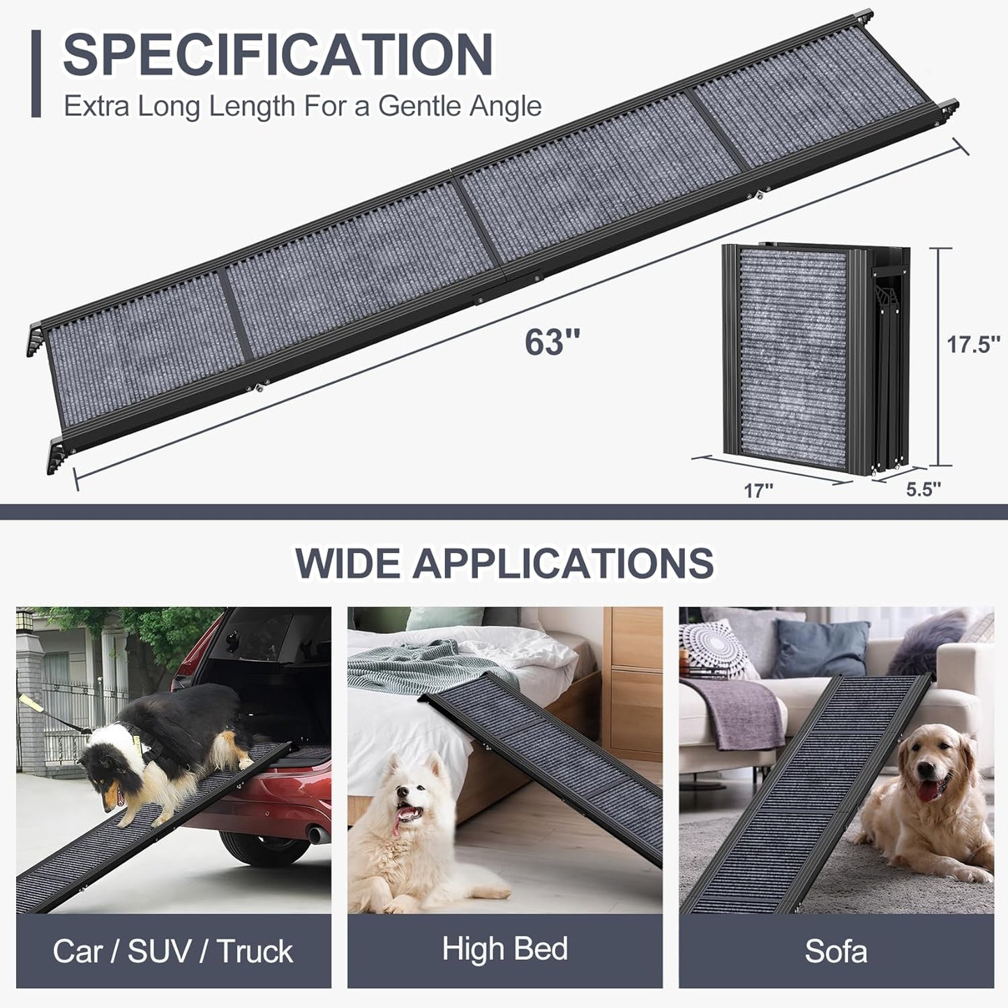 Dog Ramp for Car, 63" Long & 17" Wide Folding Portable Pet Stair Ramp with Non-Slip Rug Surface, Extra Wide Dog Steps for Medium & Large Dogs up to 250LBS Enter a Car, SUV & Truck