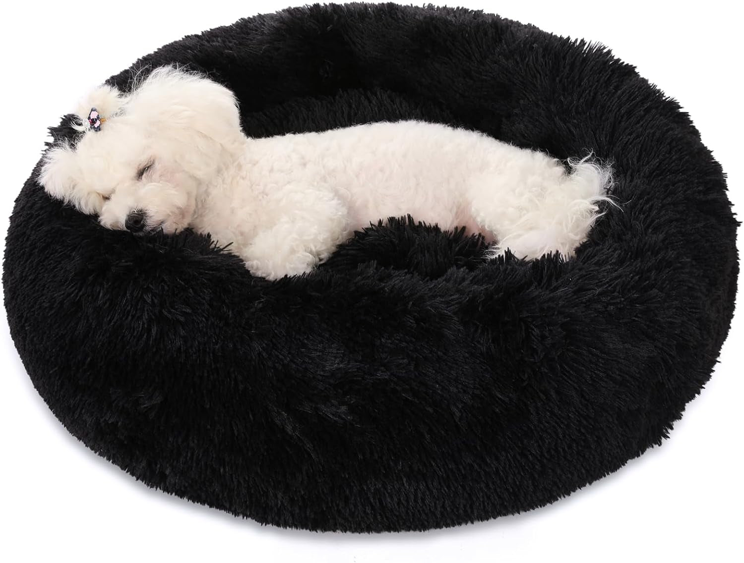 Dog Bed Calming Dog Beds for Small Medium Large Dogs - round Donut Washable Dog Bed, Anti-Slip Faux Fur Fluffy Donut Cuddler Anxiety Cat Bed(20"/27"/35") (Small, Black)