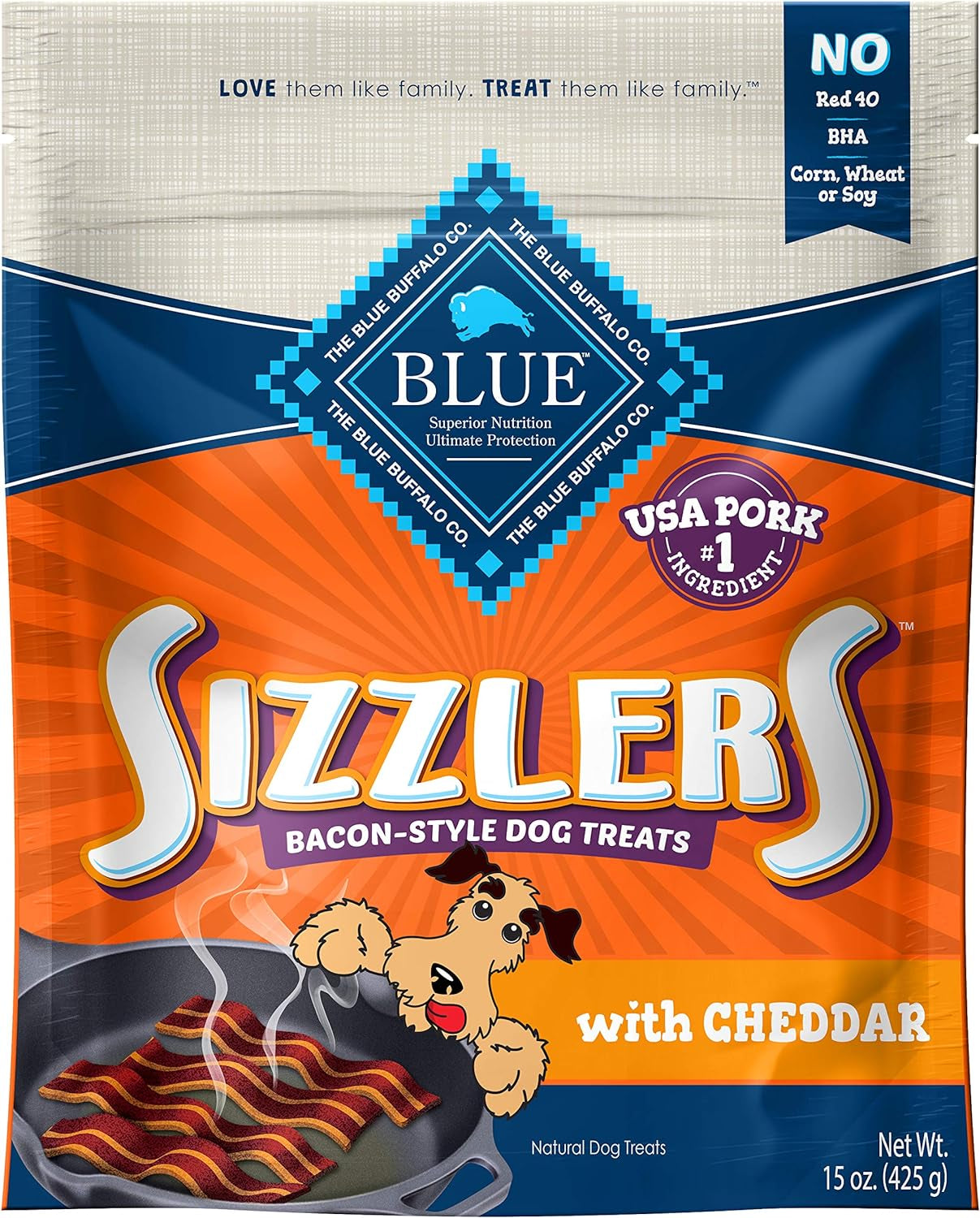 Blue Buffalo Sizzlers Natural Bacon-Style Soft-Moist Dog Treats, Cheddar Pork 15-Oz Bag