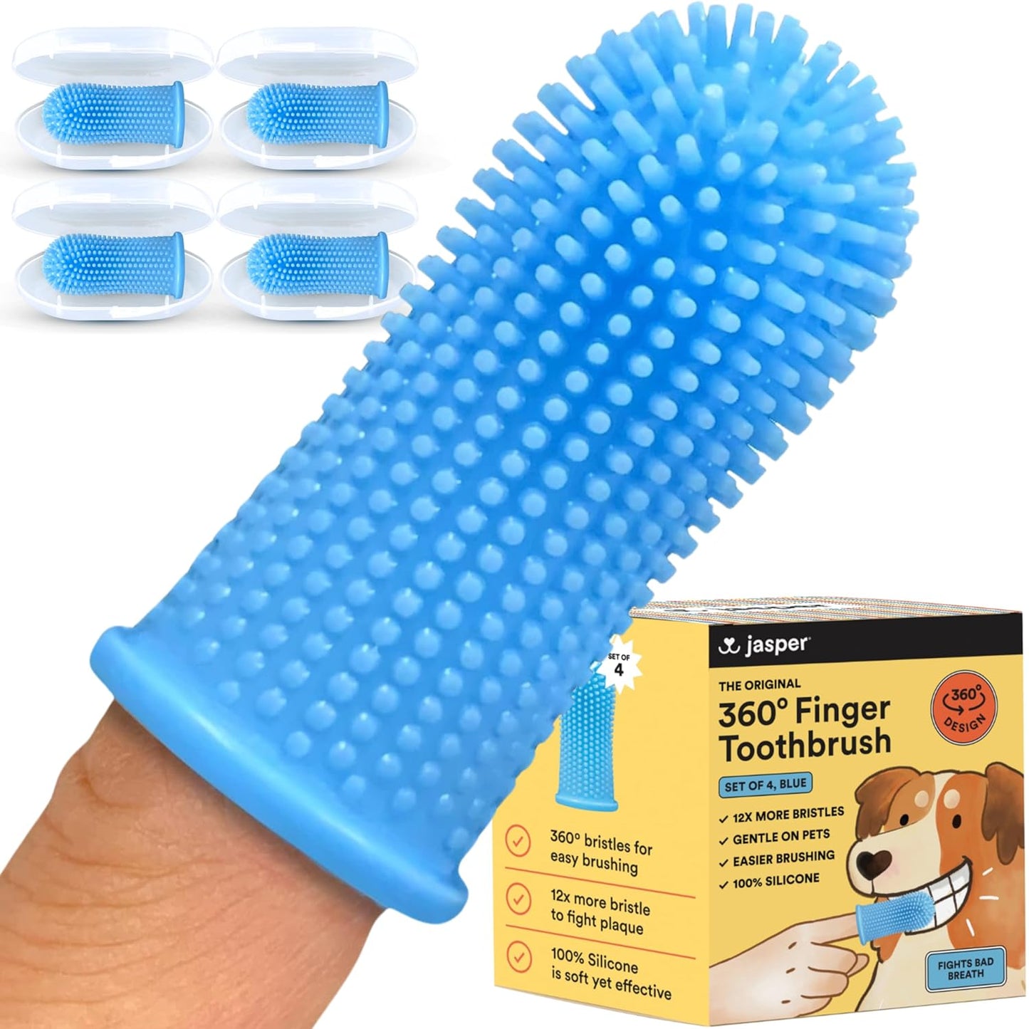 Jasper Dog Toothbrush, 360º Dog Tooth Brushing Kit, Cat Toothbrush, Dog Teeth Cleaning, Dog Finger Toothbrush, Dog Tooth Brush for Small & Large Pets, Dog Toothpaste Not Included - Blue 4-Pack