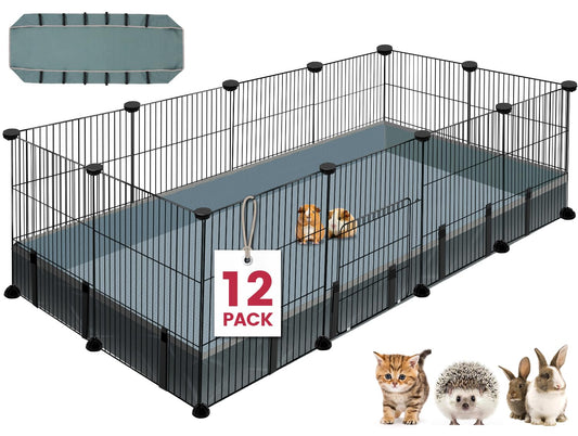 12 Panels Small Animal Playpen,Pet Playpen with Waterproof Mat,C&C Cage for Guinea Pigs,Puppy Play Pen,Bunny Playpen,Indoor Outdoor Portable Metal Wire Yard Fence