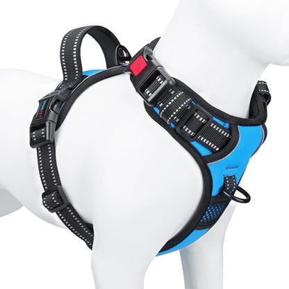 PHOEPET Reflective Dog Harness Large Breed Adjustable No Pull Vest with Handle 2 Metal Rings 3 Buckles [Easy to Put on & Take Off](Xl, Blue)