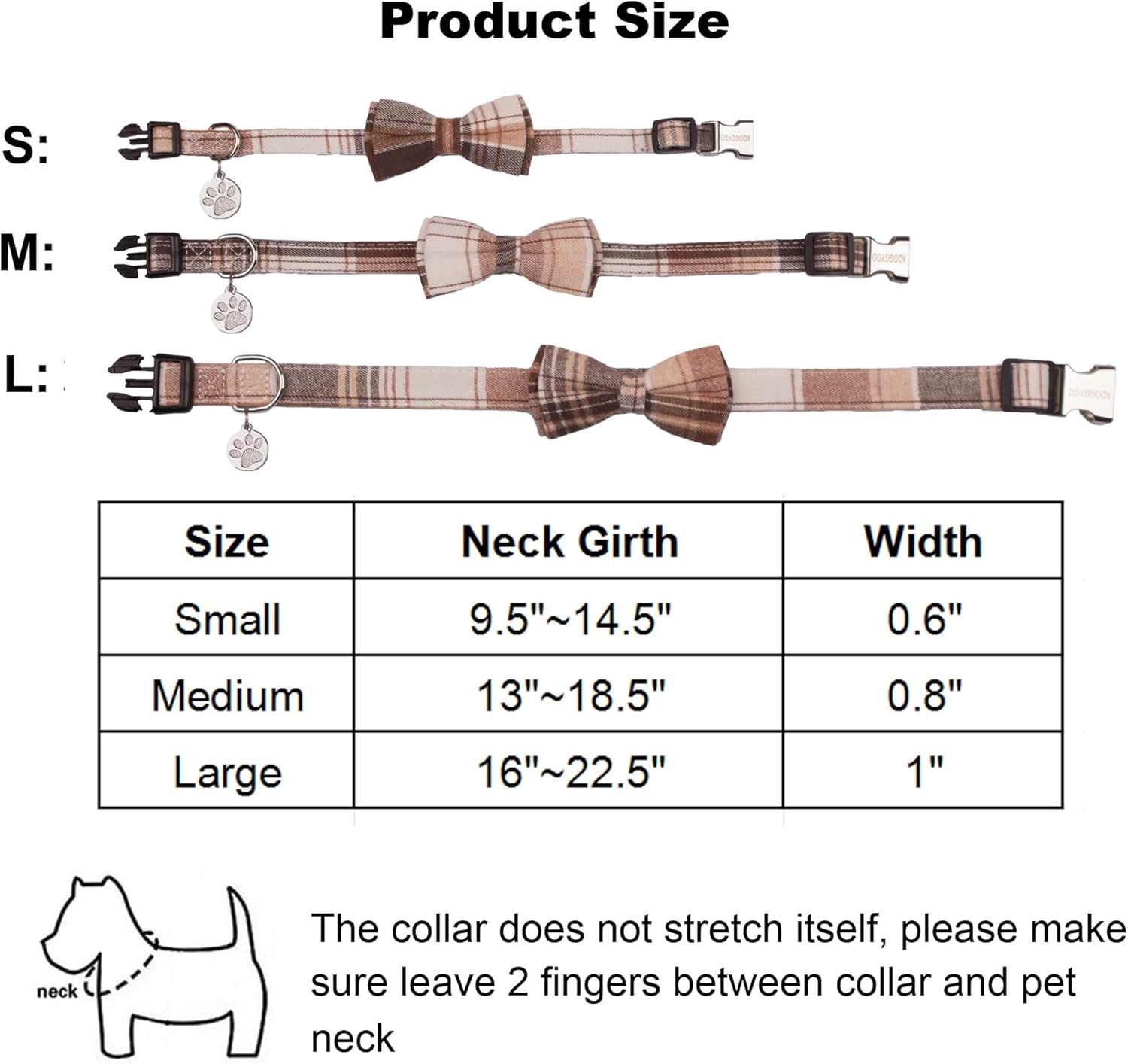 ADOGGYGO Soft Bowtie Dog Collar, Plaid Dog Collar with Detachable Bow tie Adjustable Pet Plaid Collars for Small Medium Large Dogs Pets (Large, Brown)