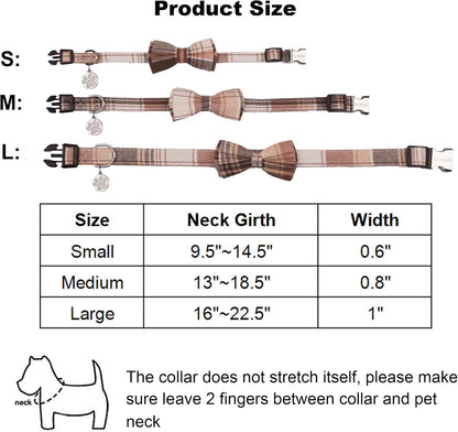 ADOGGYGO Soft Bowtie Dog Collar, Plaid Dog Collar with Detachable Bow tie Adjustable Pet Plaid Collars for Small Medium Large Dogs Pets (Large, Brown)