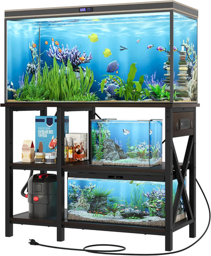 YITAHOME 40-50 Gallon Fish Tank Stand with Power Outlet, 40x18 Inch Metal Aquarium Stand with 3-Tier Adjustable Storage Shelves and Hooks, 700LBS Capacity, Black