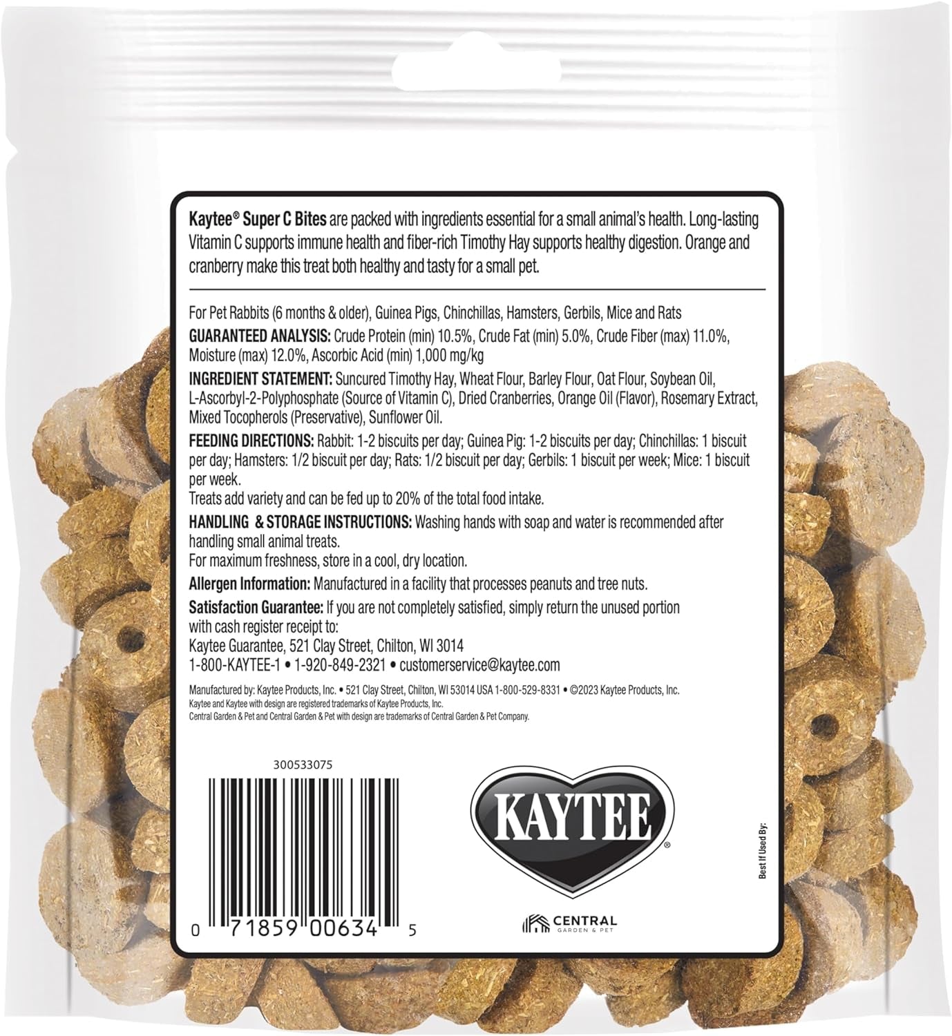 Kaytee Super C Bites Treat For Pet Guinea Pigs, Adult Rabbits, Chinchillas, and Other Small Animals, Cranberry and Orange, 4 oz