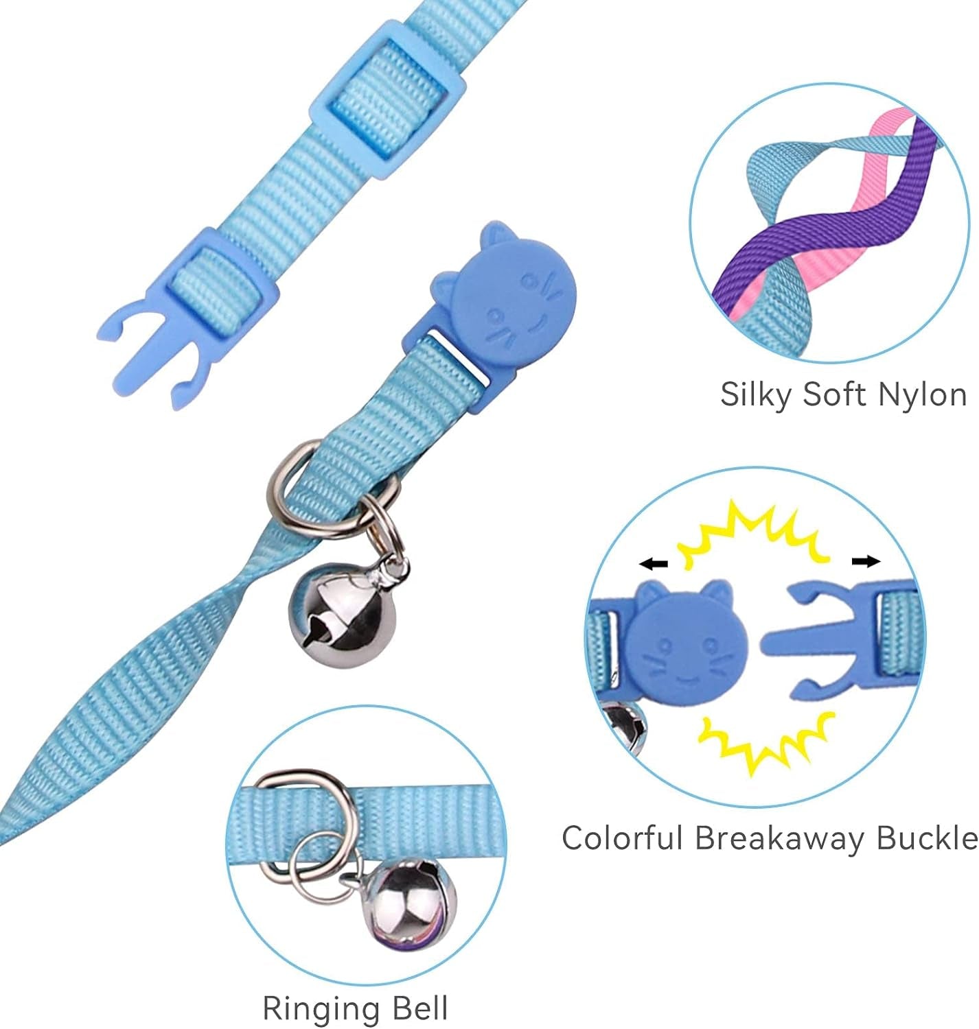 12 PCS Breakaway Cat Collars with Bell Colorful Soft Safety Buckle Cat Collars Adjustable Breakaway Kitten Collars Safety Collars for Cats, 7 In-11 In