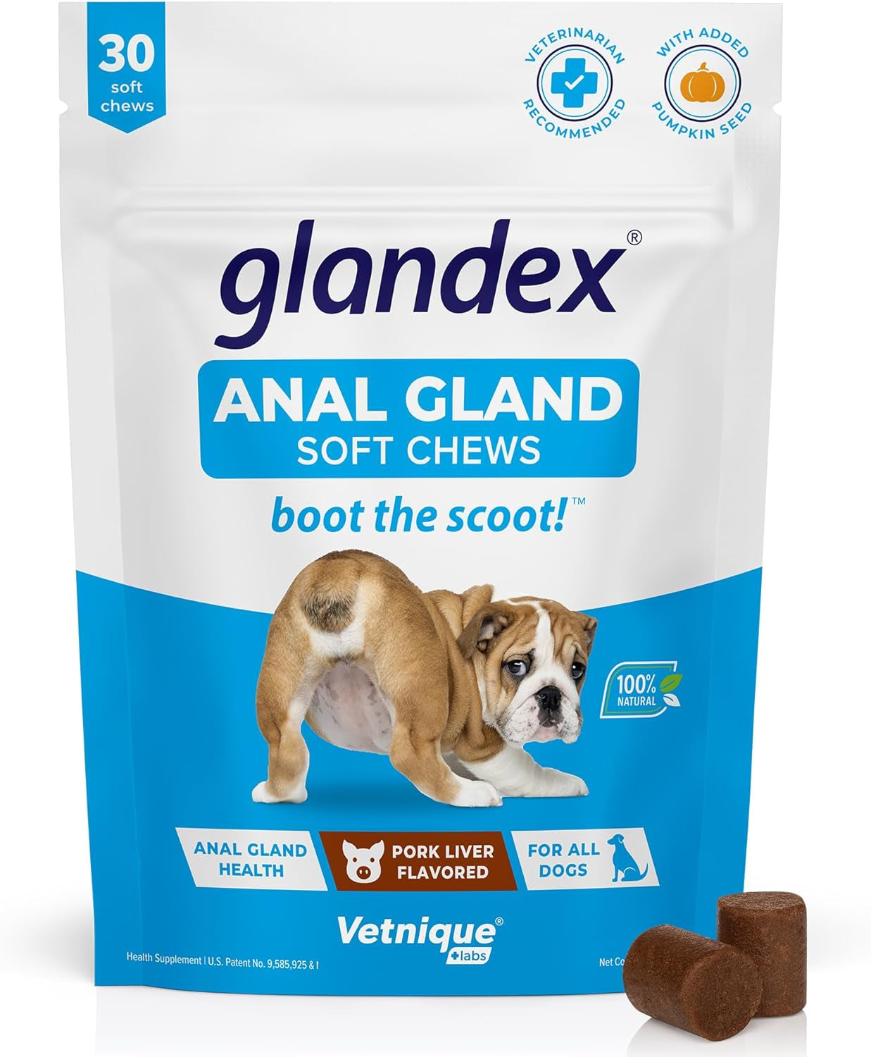 Glandex Anal Gland Soft Chew Treats with Pumpkin for Dogs Digestive Enzymes, Probiotics Fiber Supplement for Dogs Boot the Scoot (Pork Liver Chews, 30Ct)