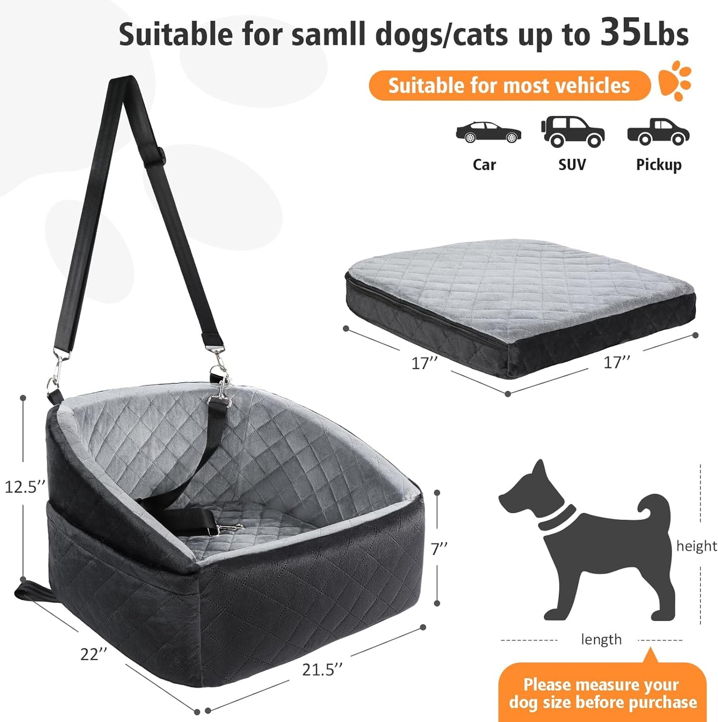 Dog Car Seat for Small Dogs,Detachable Washable Dog Booster Seat under 35Lbs, Pet Car Seat Travel Bed with Storage Pockets and Dog Safety Belt (Black/Grey)