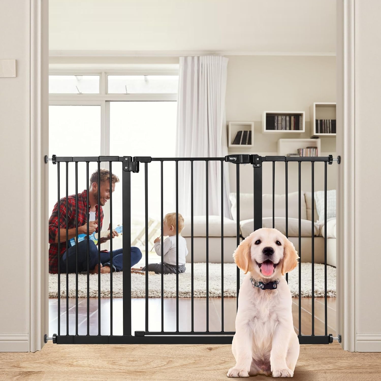 Keny 29"-47.3" Extra Wide Baby Gate for Stairs, Auto Close Safety Dog Gate, Pressure Mounted No Drilling Pet Gate for Doorways, Easy Walk through Stair Gate for Kids Todder, 30" Tall, Black