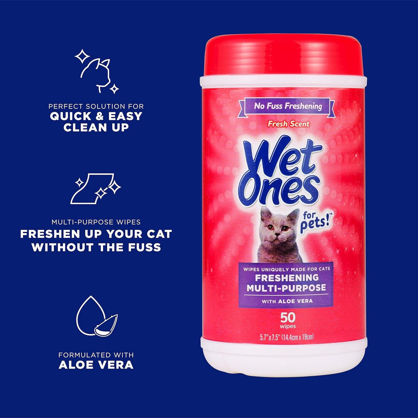 Wet Ones for Pets Freshening Multipurpose Wipes for Cats with Aloe Vera | Easy to Use Cat Cleaning Wipes, Freshening Cat Grooming Wipes for Pet Grooming in Fresh Scent | 50 Ct Cannister Cat Wipes