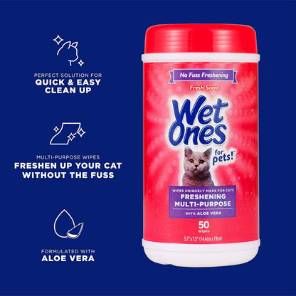 Wet Ones for Pets Freshening Multipurpose Wipes for Cats with Aloe Vera | Easy to Use Cat Cleaning Wipes, Freshening Cat Grooming Wipes for Pet Grooming in Fresh Scent| 100 Ct Pouch Cat Wipes