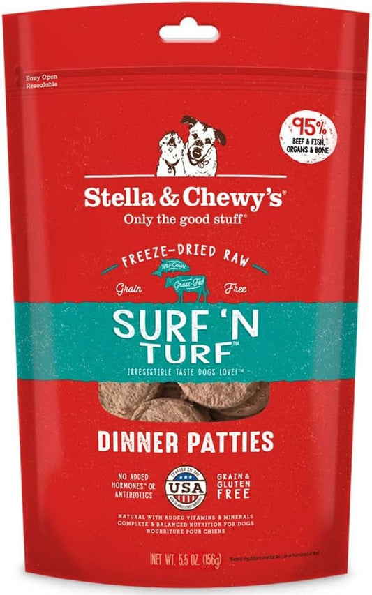 Stella & Chewy'S Freeze Dried Raw Dinner Patties – Grain Free Dog Food, Protein Rich Surf ‘N Turf Salmon & Beef Recipe – 5.5 Oz Bag