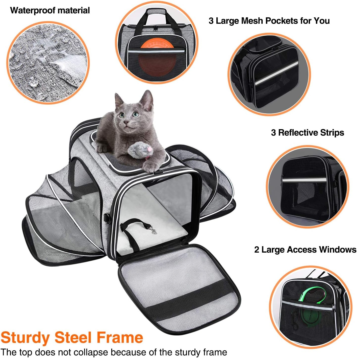 TSA Airline Approved Soft Sided Pet Carrier Top Loading 4 Side Expandable Large Travel Cats Carrier Collapsible with 3 Removable Washable Pads and 3 Pockets for Cats Kitten and Small Dogs