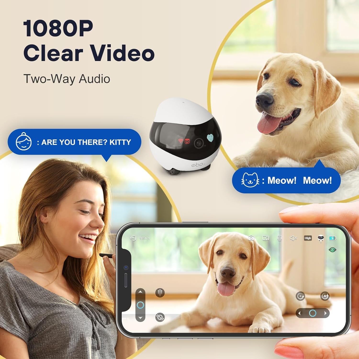 360°Dog Camera: Whole House Movable Camera, Pet Camera with 2 Way Audio, Motion Detection, Night Vision, Self-Charging, Cat Camera Wifi Wireless Security Camera, Remote APP Control Camera for Dog Cat