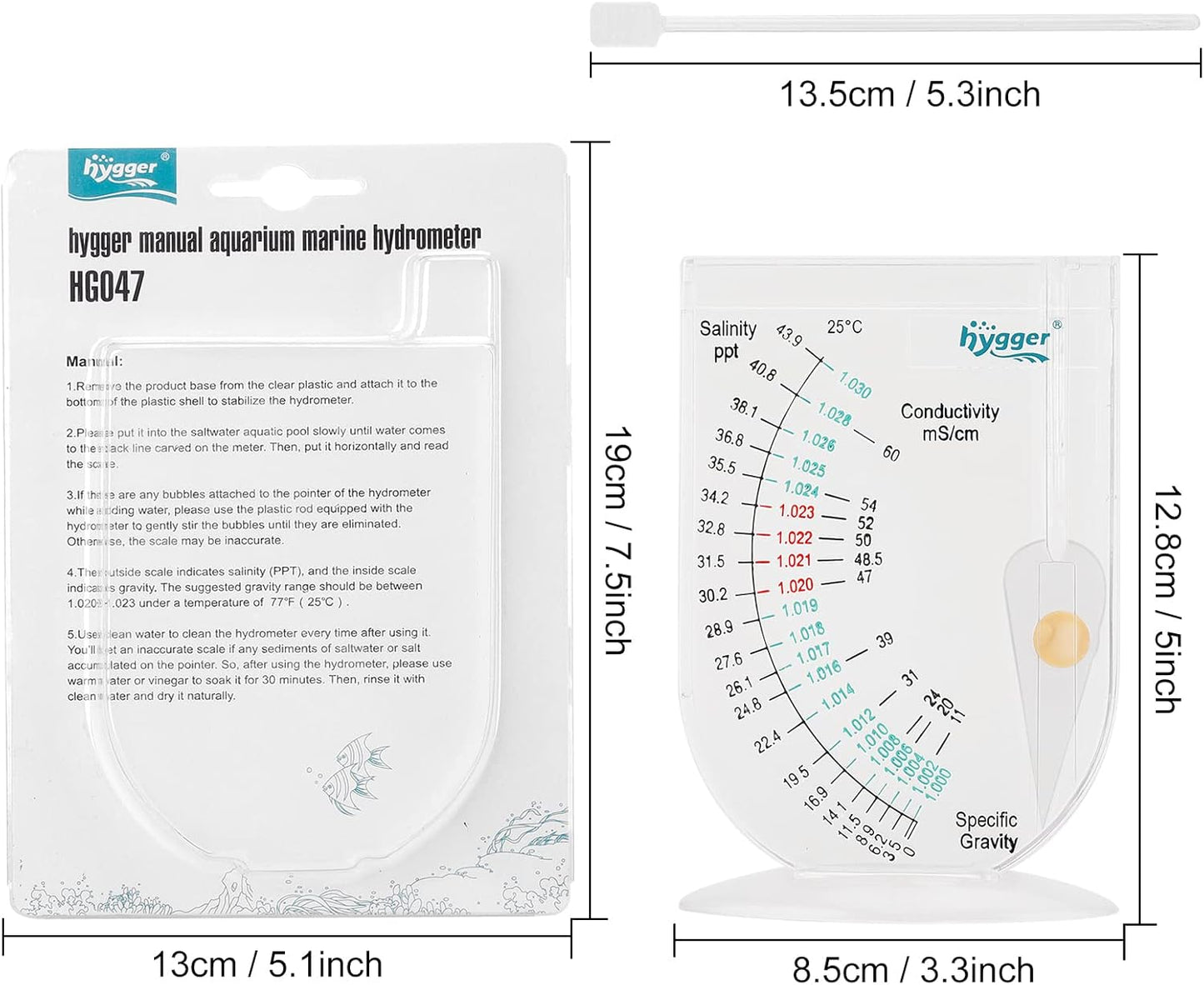 hygger Salinity Tester, Transparent Acrylic Aquarium Hydrometer Sea Specific Gravity Test Salinity Meter for Fish Tank Pond Water Saltwater Freshwater, Accurate Automatic Hydrometer