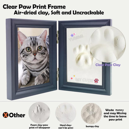 Dog or Cat Paw Print Kit with Trinkets & Name Stamp,2 Clay Pet Paw Print Impression Kit,Wooden Dog Picture Frame,Personalized Gift Keepsake for Pet Lovers-Wood