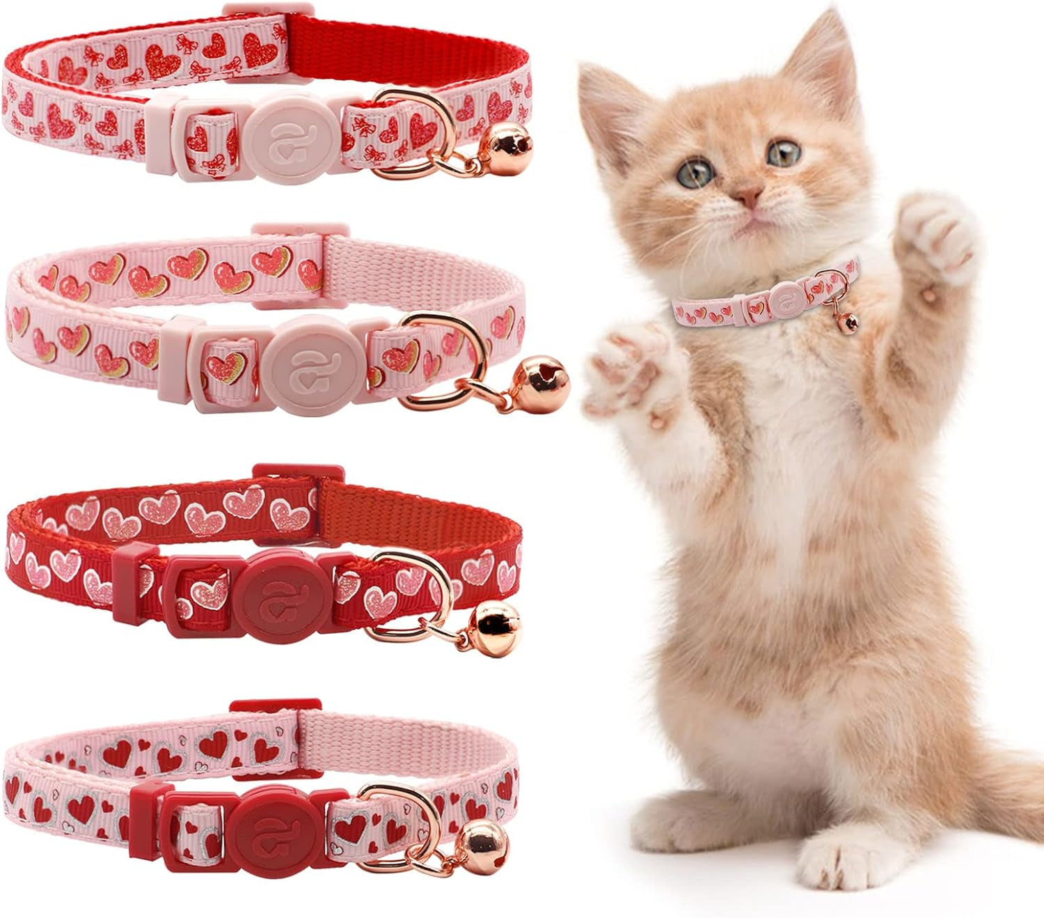 Azuza 4 Pack Valentines Kitten Collar with Bell Valentines Day Breakaway Kitten Collars with Cute Heart Pattern Adjustable Size Suitable for Kittens