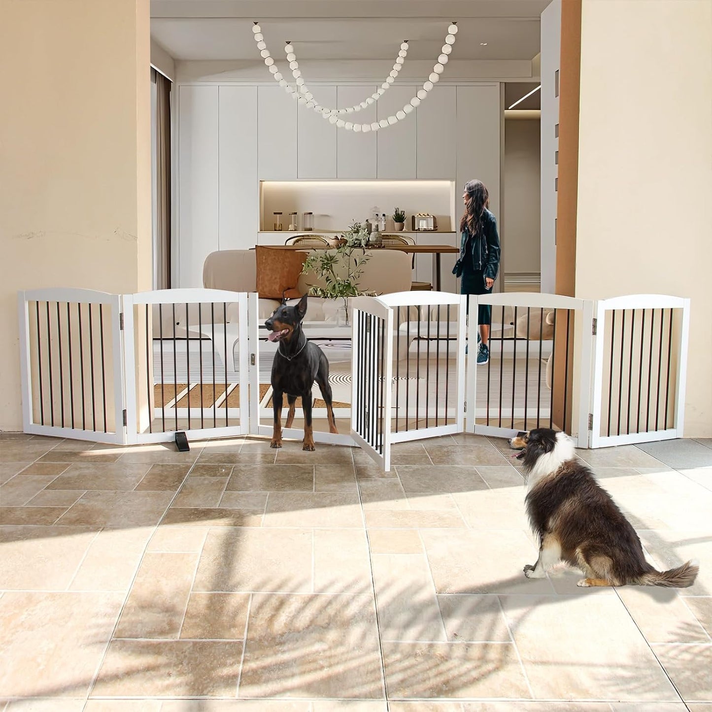 Foldable Indoor Dog Gate with Walk through Door, Freestanding Pet Gate for the House,Doorways, Stairs, Pet Puppy Safety Fence with Support Feet, White 6 Panels 120" Wide 24''Height