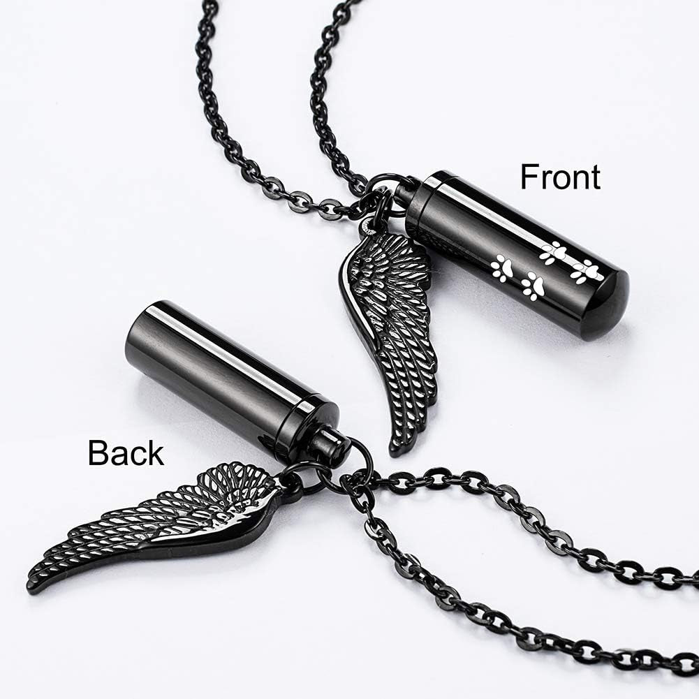 Abooxiu Cylinder Cremation Necklace for Pet Ashes Urn Necklace for Ashes with Angel Wing Pet Paw Ashes Necklace for Dog/Cat Pet Memorial Keepsake Jewelry