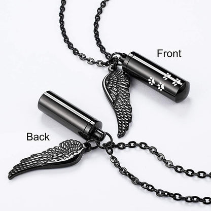 Abooxiu Cylinder Cremation Necklace for Pet Ashes Urn Necklace with Angel Wing Pet Paw Ashes Necklace for Dog/Cat Pet Memorial Keepsake Jewelry