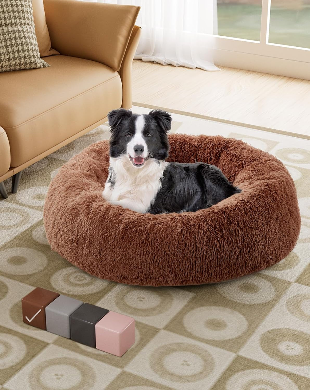 Calming Donut Bed for Dogs and Cats, Ultra Soft Circle Bed, Cozy, Waterproof, Zipper Cover, 30 in Bed, Medium Dog Bed (Ocher)