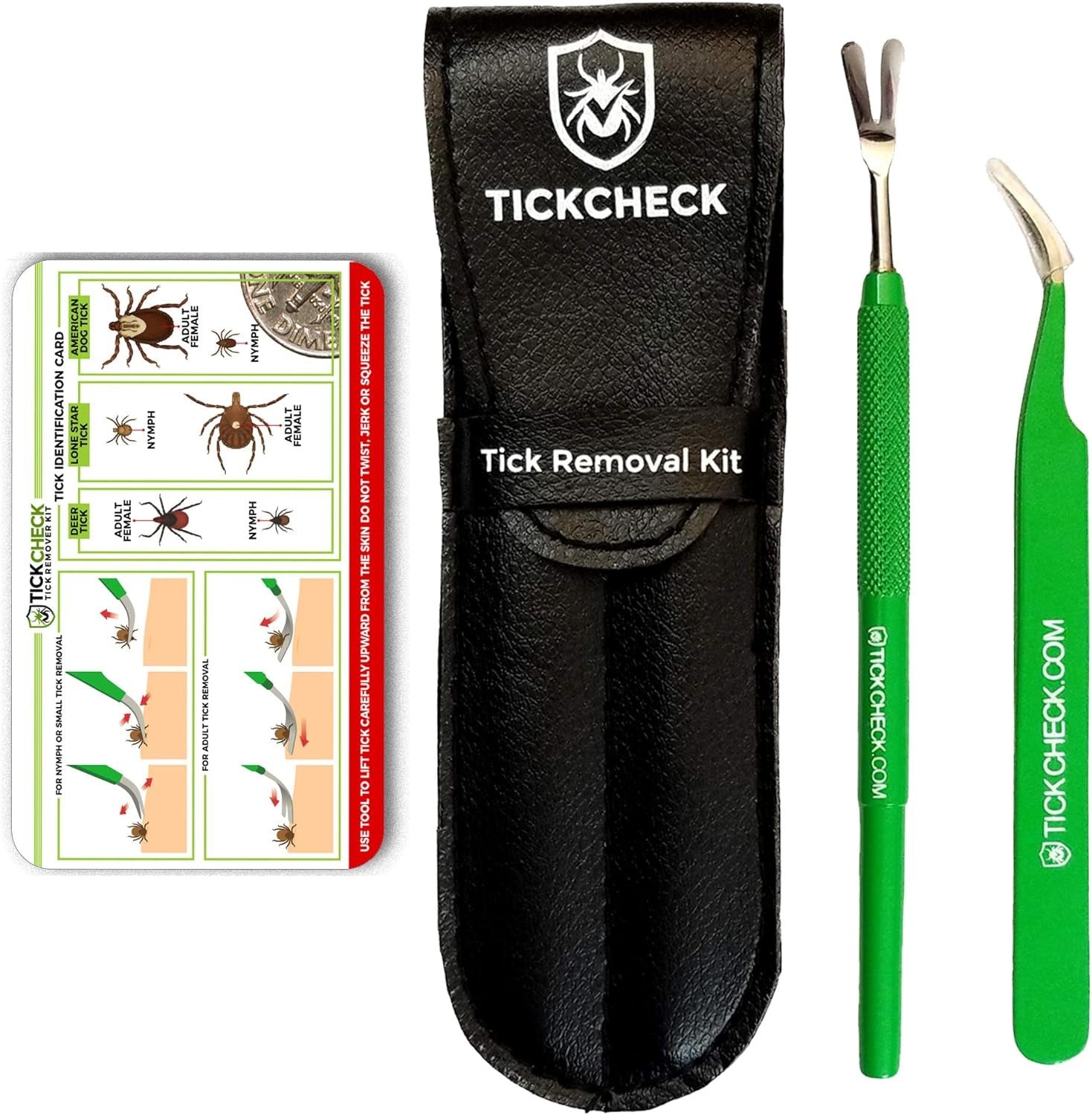 Premium Tick Remover Kit - Stainless Steel Tick Remover + Tweezers, Leather Case, and Free Pocket Tick Identification Card (1)