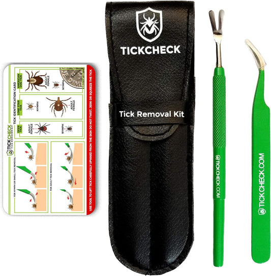 Premium Tick Remover Kit - Stainless Steel Tick Remover + Tweezers, Leather Case, and Free Pocket Tick Identification Card (1)