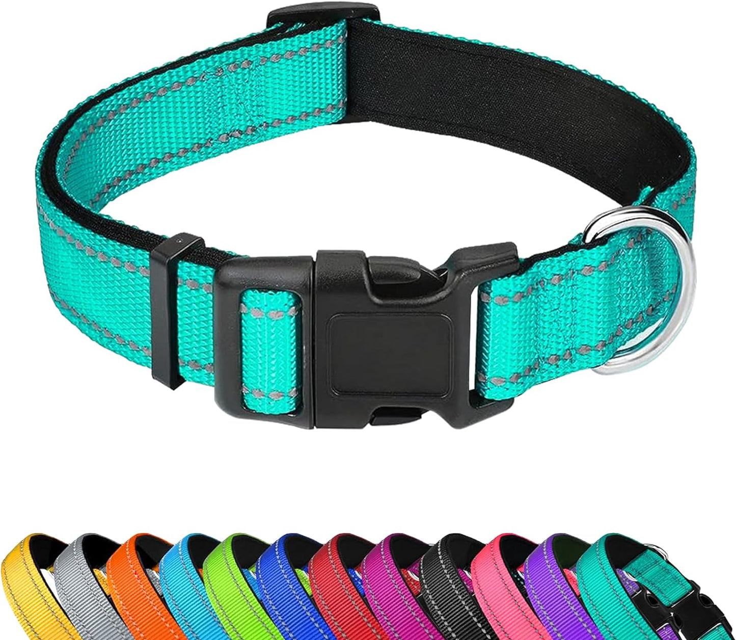 Reflective Dog Collar, Adjustable Soft Neoprene Padded Nylon Pet Collars with Buckle for Medium Dogs, Black,M