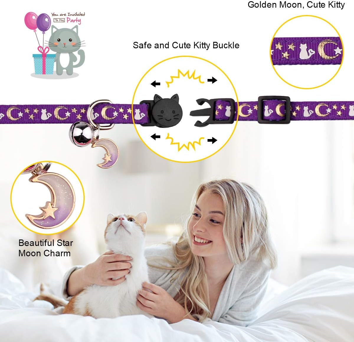 2PCS Breakaway Cat Collars with Bell Cute Kitty Glow in the Dark Adjustable Kitten Collars 7.9-13.0 Inch(Purple&Black)