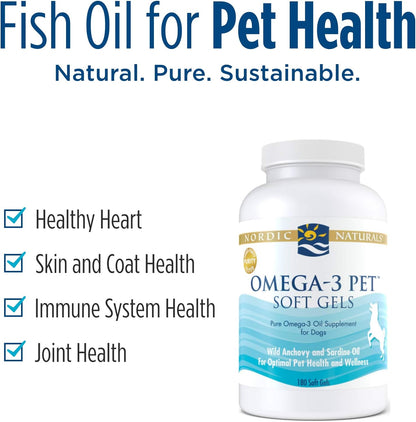 Nordic Naturals Omega-3 Pet, Unflavored - 120 Soft Gels - 330 Mg Omega-3 per Soft Gel - Fish Oil for Dogs with EPA & DHA - Promotes Heart, Skin, Coat, Joint, & Immune Health