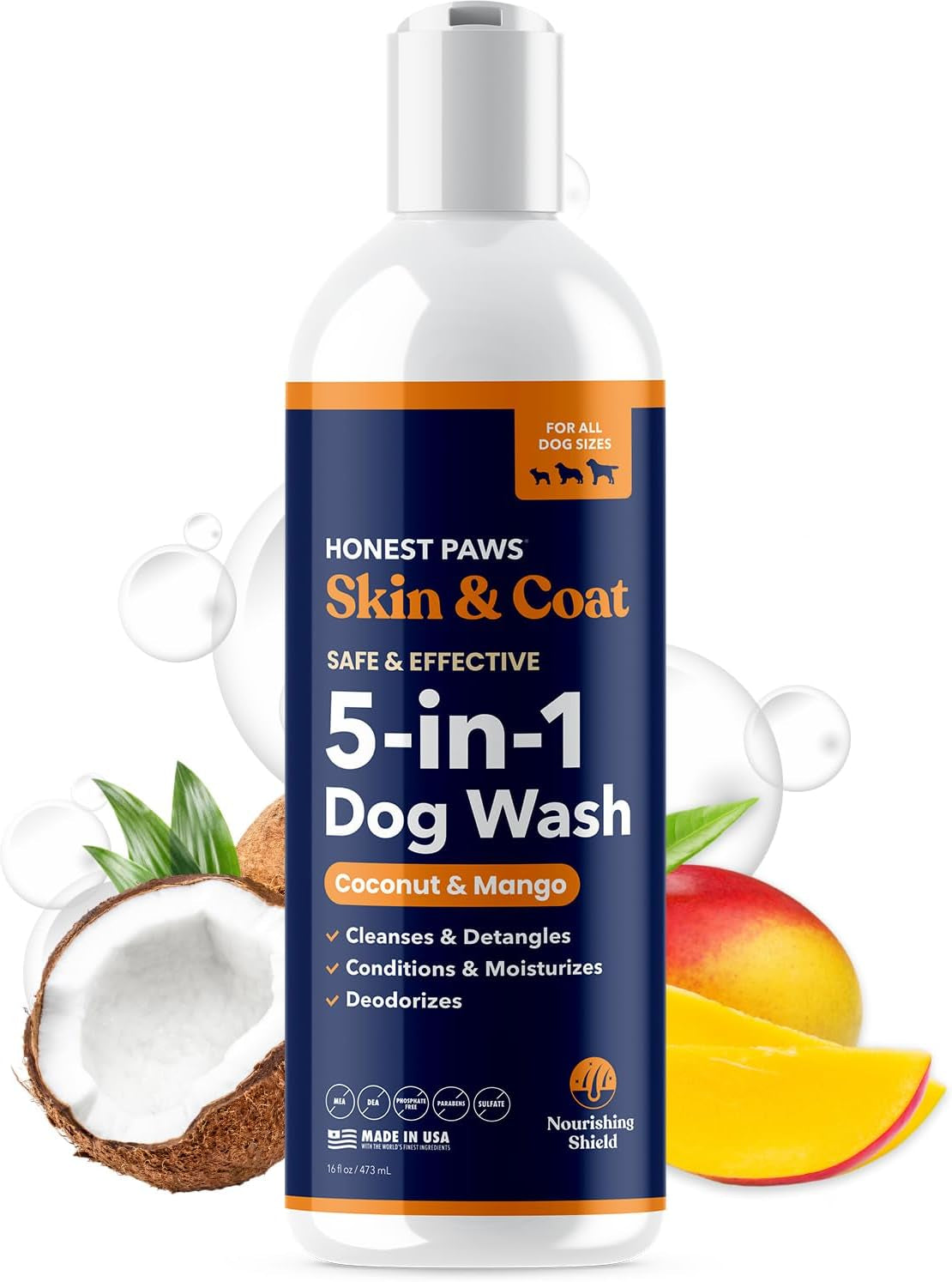 Honest Paws Dog Shampoo and Conditioner - Premium Dog Wash for Allergies and Dry, Itchy, Moisturizing for Sensitive Skin - Sulfate Free, Plant Based, All Natural - Coconut & Mango -16 Fl Oz