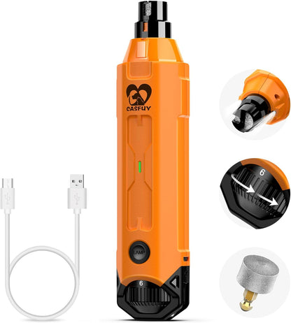 Casfuy 6-Speed Dog Nail Grinder - Newest Enhanced Pet Nail Grinder Super Quiet Rechargeable Electric Dog Nail Trimmer Painless Paws Grooming & Smoothing Tool for Large Medium Small Dogs (Orange)