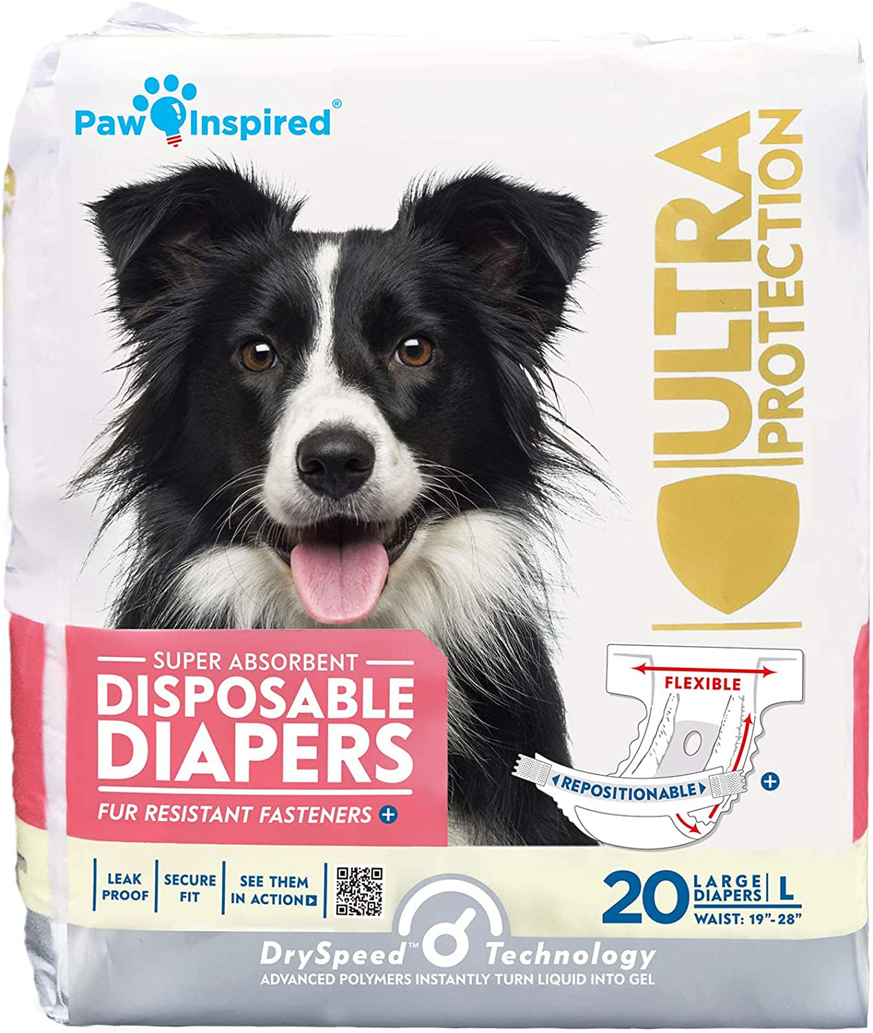 Paw Inspired Disposable Dog Diapers | Female Dog Diapers Ultra Protection | Diapers for Dogs in Heat, Excitable Urination, or Incontinence (Large (20 Count))