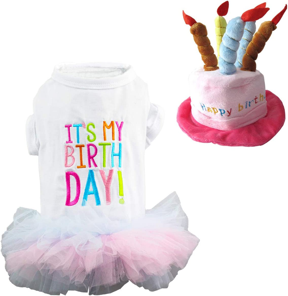 Dog Birthday Princess Tutu Dress for Small Dogs Girl + Adjustable Puppy Cat Birthday Party Hat Cake Shaped (Dress+Hat,L)