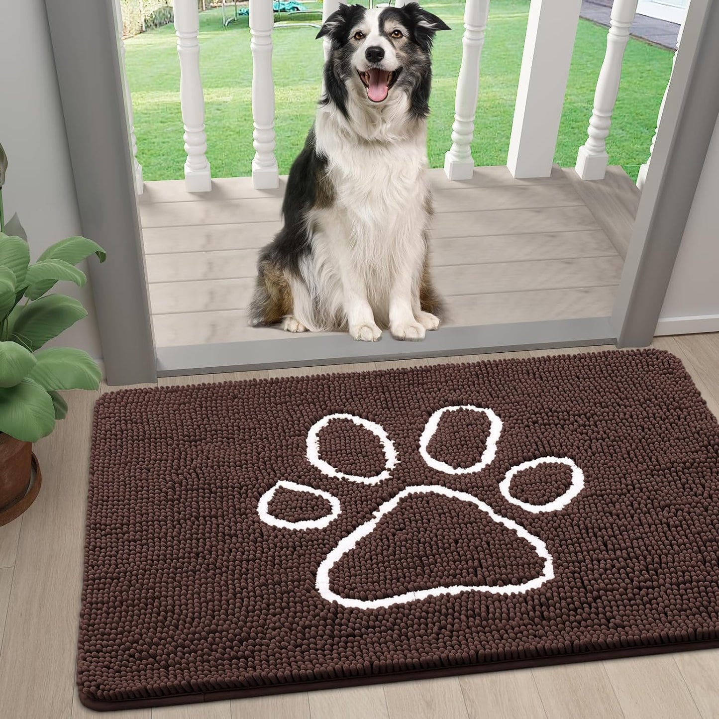 Smiry Dog Door Mat for Muddy Paws, Absorbent Dirt Trapper Non-Slip Washable Mat, Quick Dry Chenille, Mud Mat for Dogs, Entry Indoor Door Mat for inside Floor (24X16 Inches, Brown)