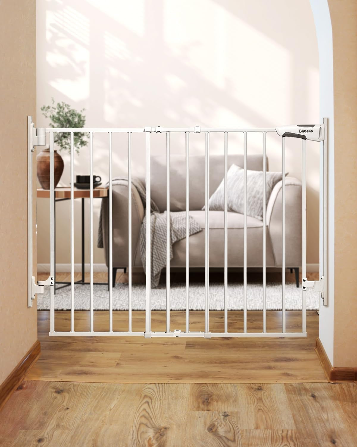 Babelio 27-45 in No Bottom Bar Baby Gate with Easy Installation, 2-In-1 Auto Close Design, Suitable for the House, Stairs, and Doorways, Safety Pet Gates with Large Walk-Thru Door, White.