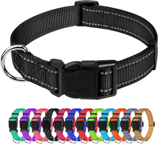 Tagme Reflective Nylon Dog Collars, Adjustable Classic Dog Collar with Quick Release Buckle for Large Dogs, Black, 1.0" Width