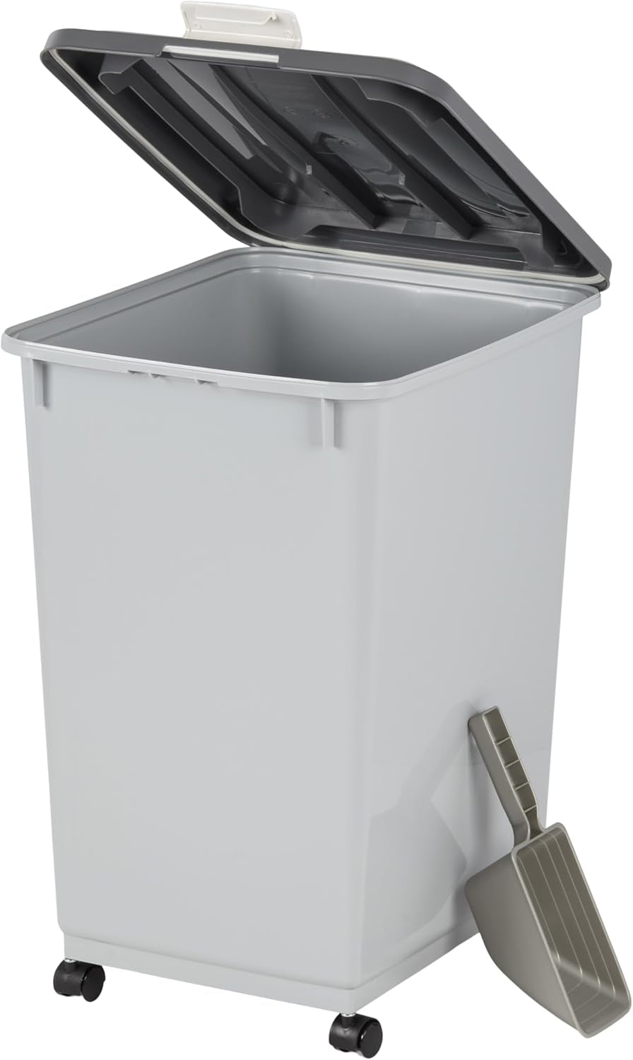 IRIS USA Dog Food Storage Container with Wheels, Airtight Lid, 2-Cup Scoop, Up to 54 Pounds Pet Food Storage, Built in Scoop Storage in Lid, Versatile Pet Food Bin, Portable, BPA Free, Gray/Dark Gray